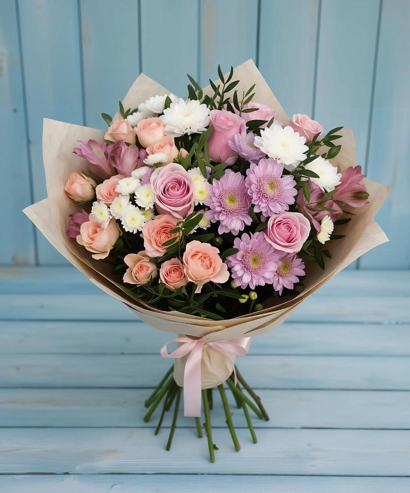 Букет цветов из: Хризантемы, Розы и Альстромерии в Елизаветинской Ростовской области
