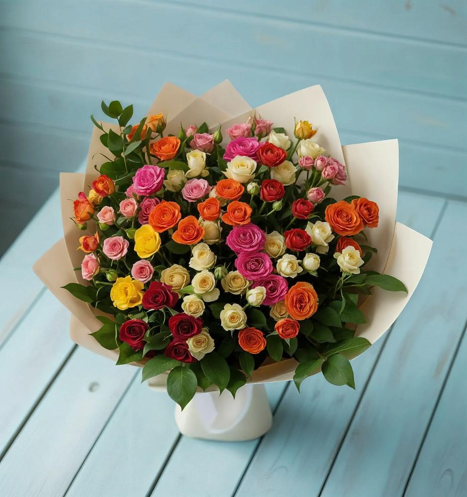 Букет Микс из разноцветных кустовых роз в Елизаветинской Ростовской области