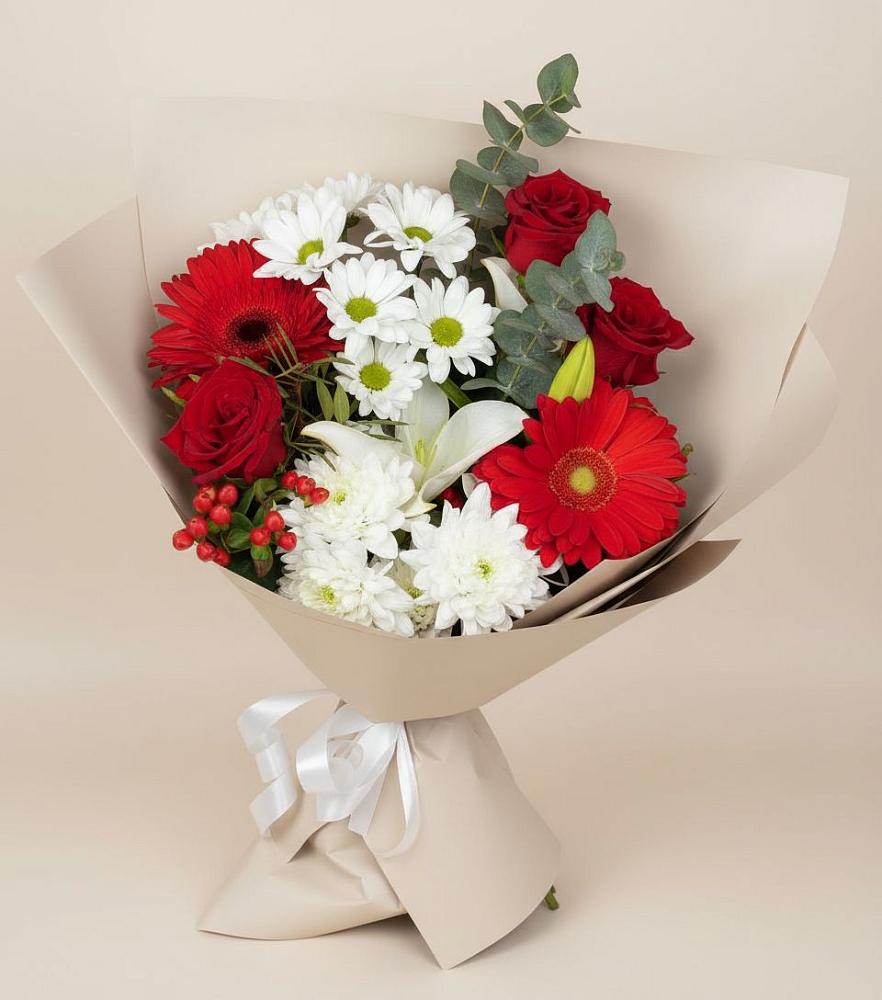 Букет цветов из: Розы, Хризантемы, Герберы и Лилии в Елизаветинской Ростовской области