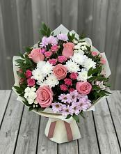 Букет цветов из:  Альстромерии, Гвоздики, Розы и Хризантемы в Елизаветинской Ростовской области
