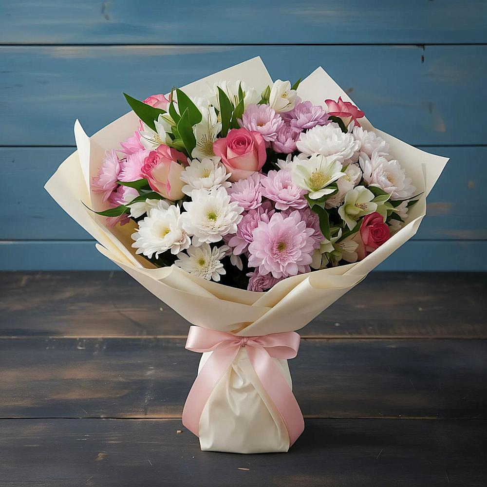 Букет цветов из: Хризантемы, Альстромерии и Розы в Елизаветинской Ростовской области